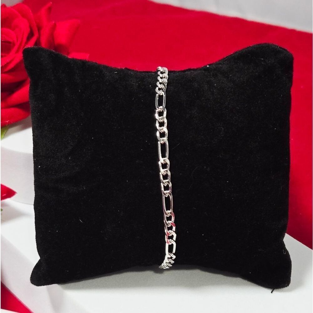 Silver Figaro Chain Bracelet Stainless Steel Adjustable Unisex Classic Italian